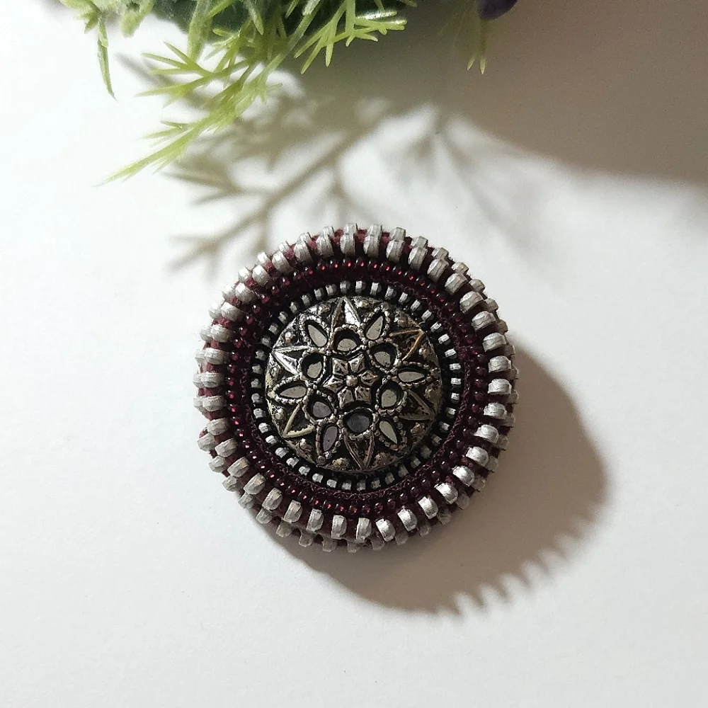 Vintage Hand Crafted Silver Red Seed Bead Flower Double Level Brooch